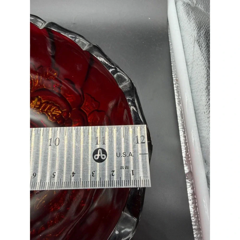 Vintage Ruby Red Amberina Glass Footed Bowl Scalloped Fruit Pattern Centerpiece